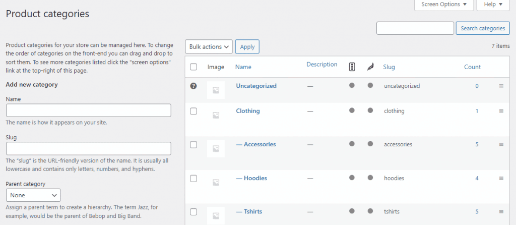 The Product categories in WordPress