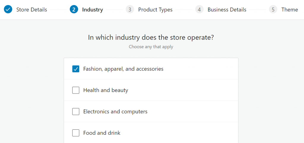 Choosing your industry in the WooCommerce setup wizard