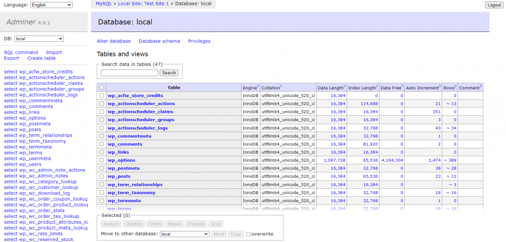 WordPress database screenshot
