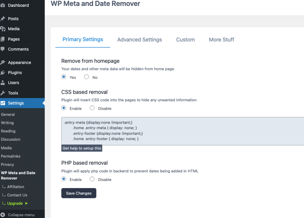 The settings in the WP Meta and Date Remover plugin for removing date from posts in WordPress.