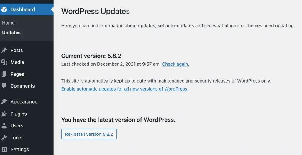 The current WordPress version in the dashboard. 