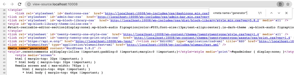 The current WordPress version in the Page Source.