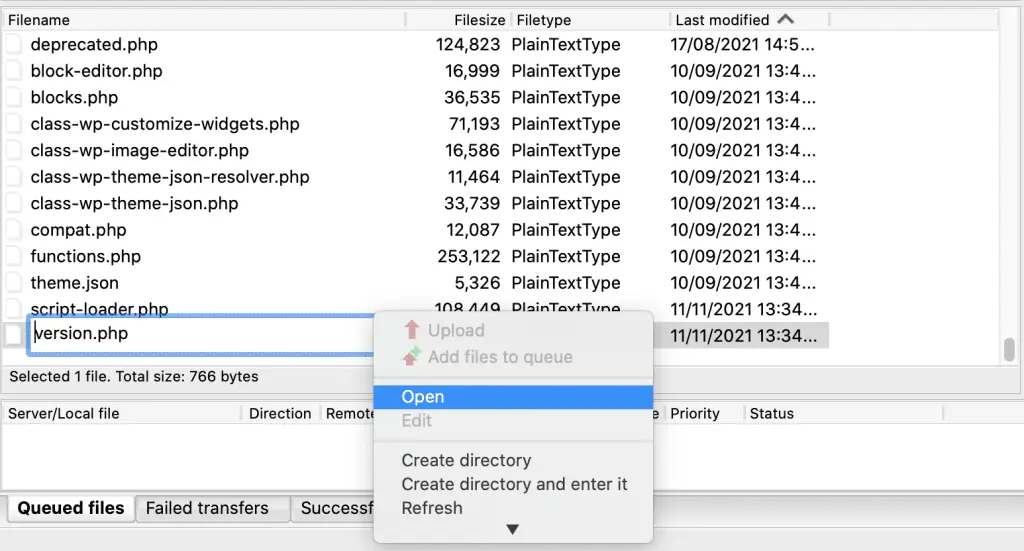 The version.php file, displayed in an FTP client.