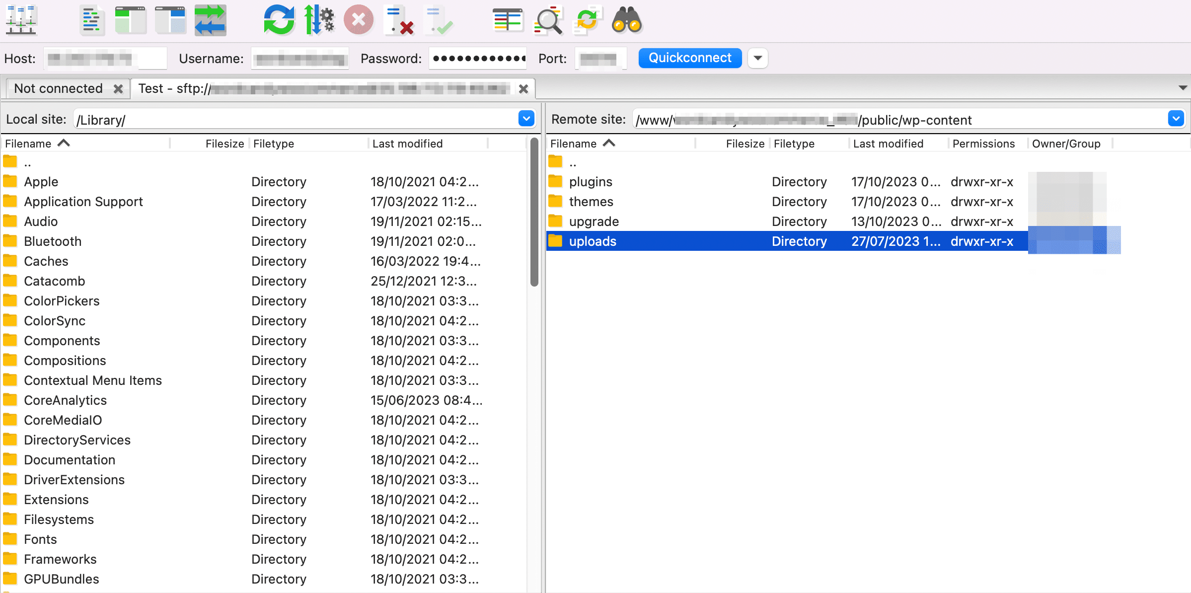 The uploads folder in FileZilla