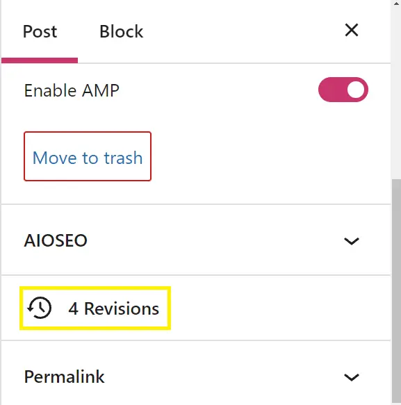 The area to access revisions in WordPress.