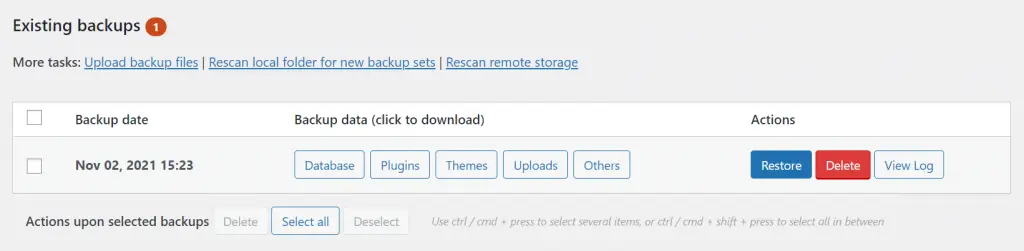 An example of an existing backup about to be restored in UpdraftPlus.