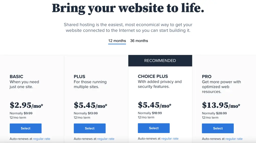 Blue Host pricing page.