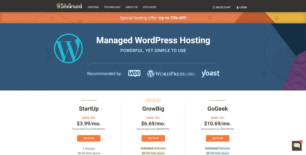 Screenshot of SiteGround's WordPress hosting landing page