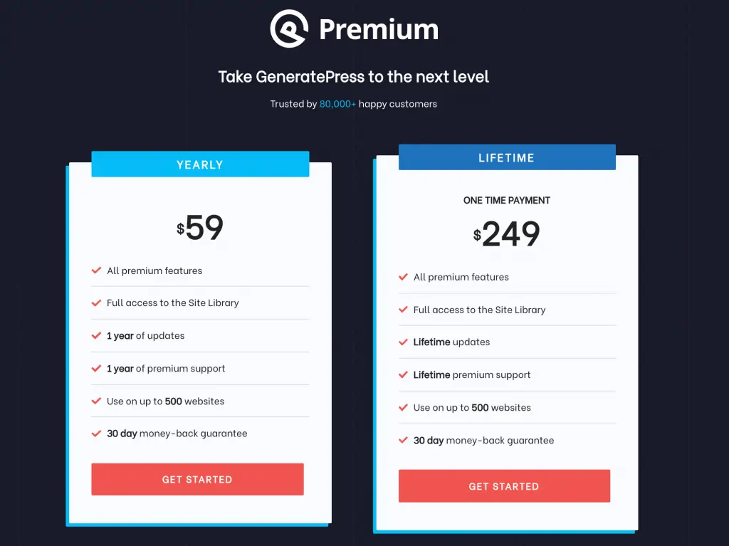 The GeneratePress pricing page.