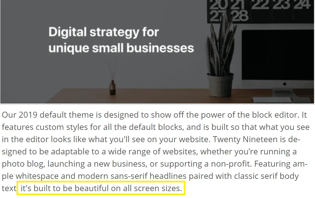 The theme description for Twenty Nineteen, with the responsive feature highlighted..
