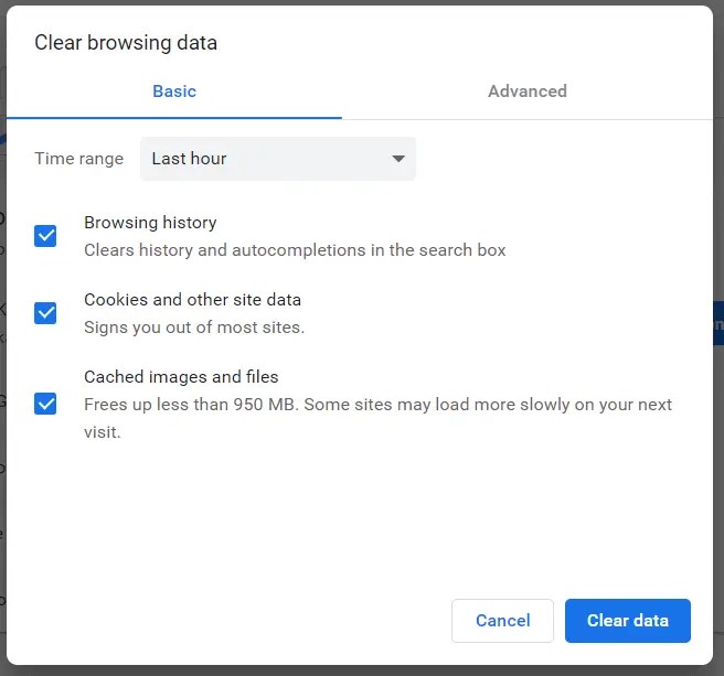 Clearing browsing data in Chrome. 