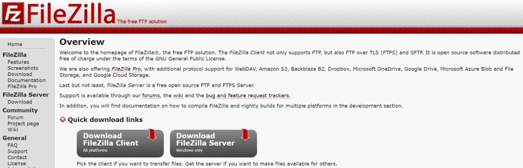 The FileZilla FTP client homepage. 