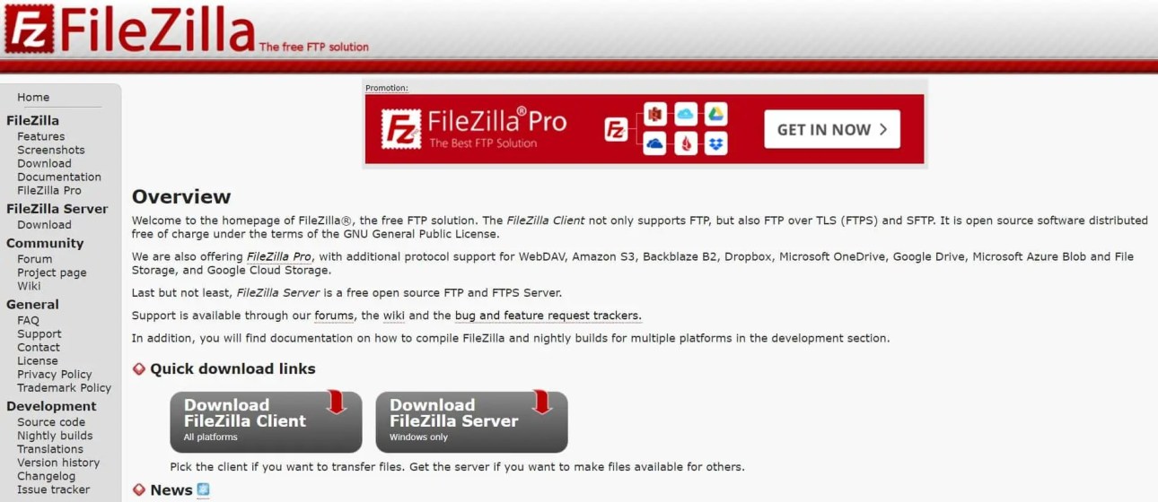 The FileZilla homepage