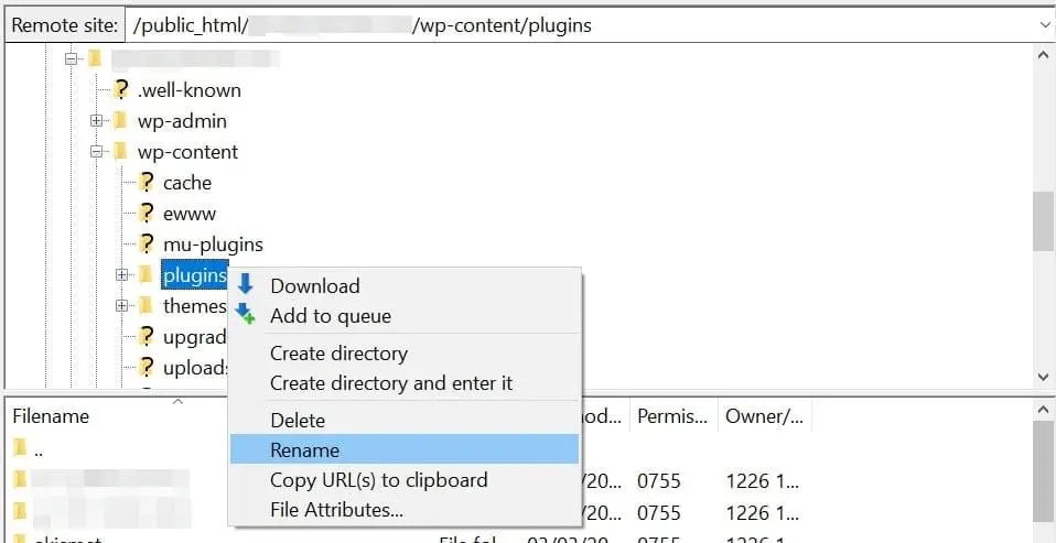 Renaming the plugins folder in FileZilla.
