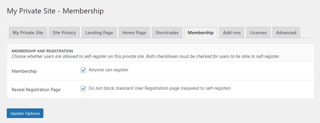 The membership tab for the private site plugin.