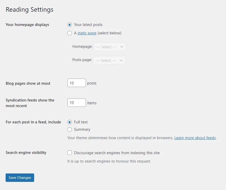 The reading settings for a WordPress website.
