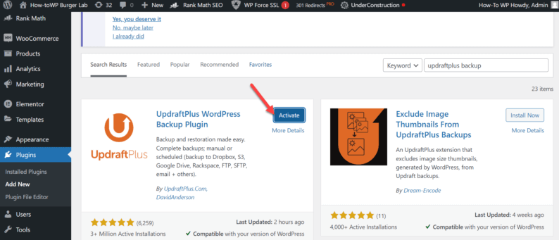 Activate The “Updraftplus WordPress Backup” Plugin
