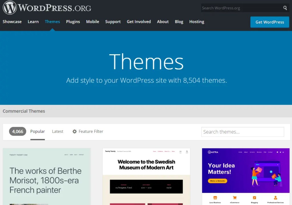 WordPress themes landing page