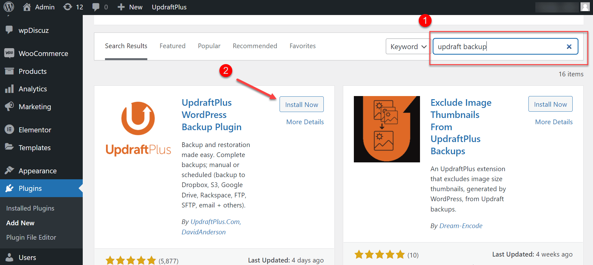 Search And Install The Updraftplus WordPress Backup Plugin
