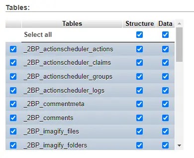 Selecting database tables to export.