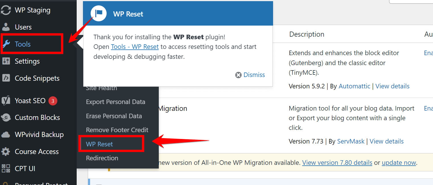 Find The Wp Reset Option