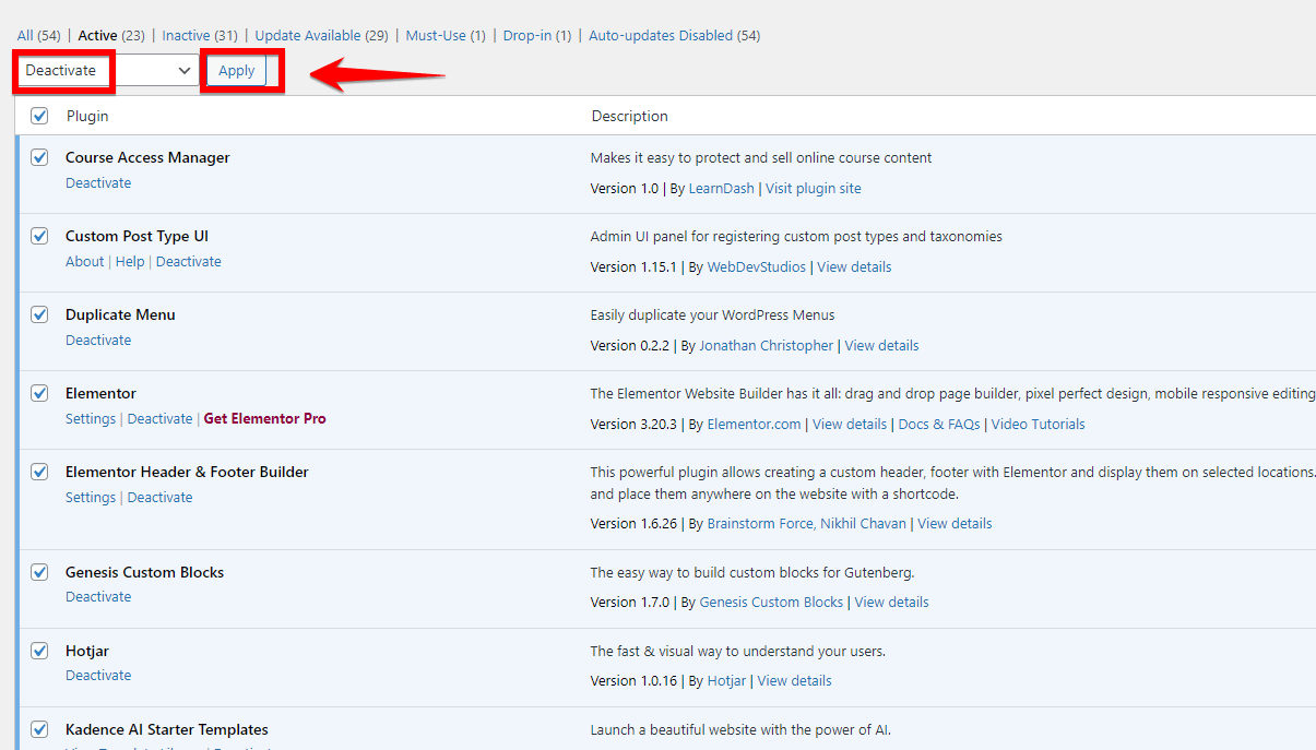 Click On Apply Button To Deactivate The Plugins