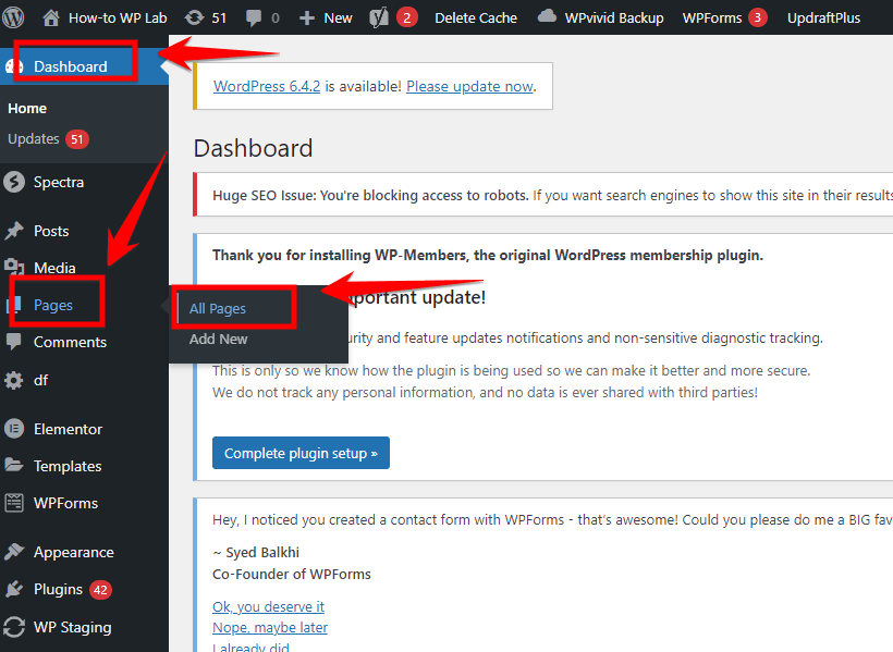 Pages Option In WordPress Dashboard 