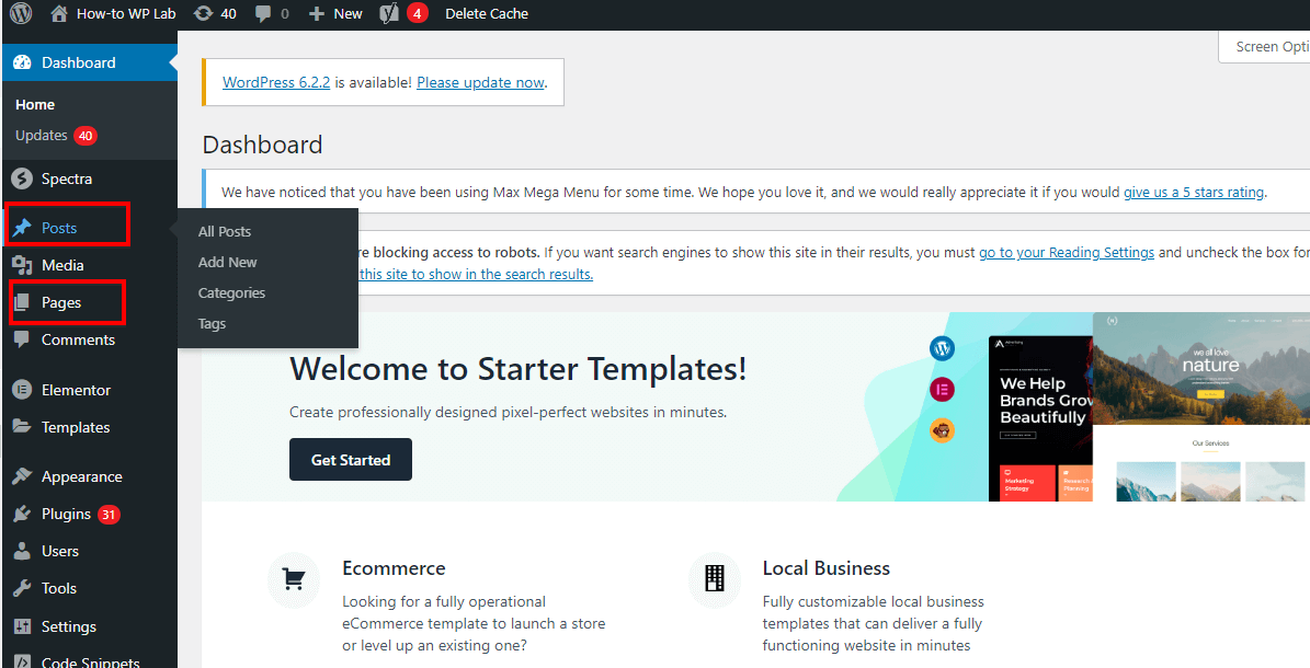 Post And Page Option In WordPress Dashboard