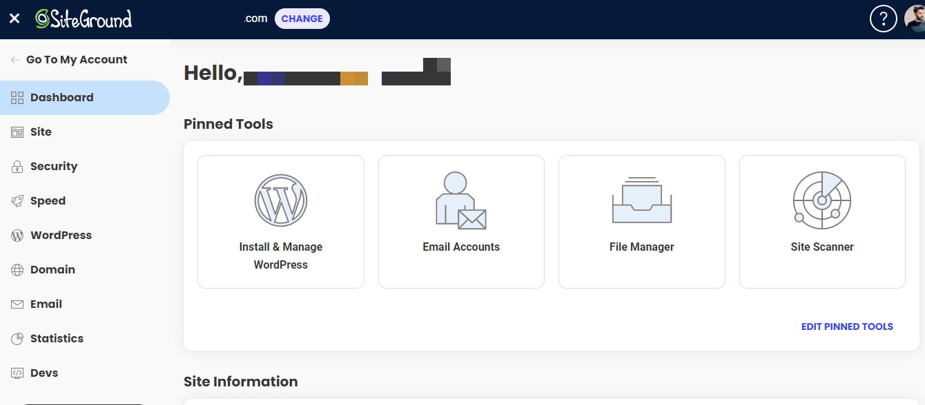 Siteground Hosting Dashboard