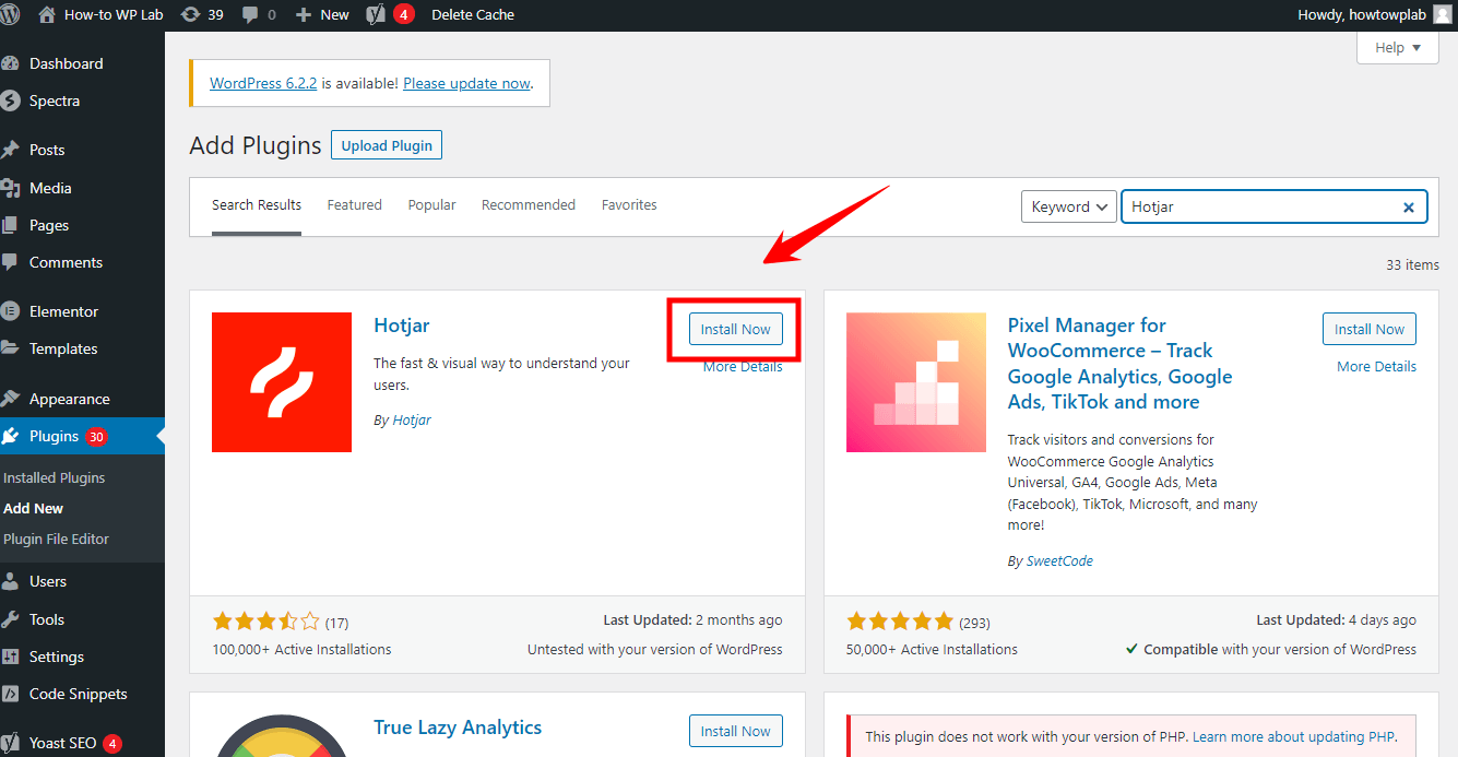 Push The Install Now Button To Install Hotjar Plugin