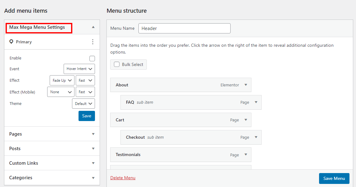 Max Mega Menu Setting