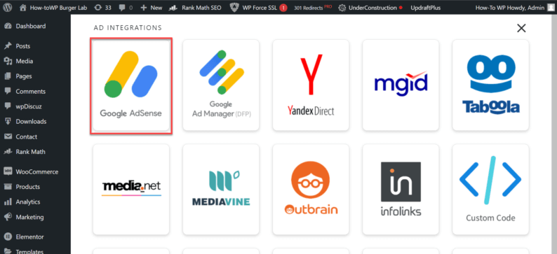 Select The &Quot;Google Adsense&Quot; Option