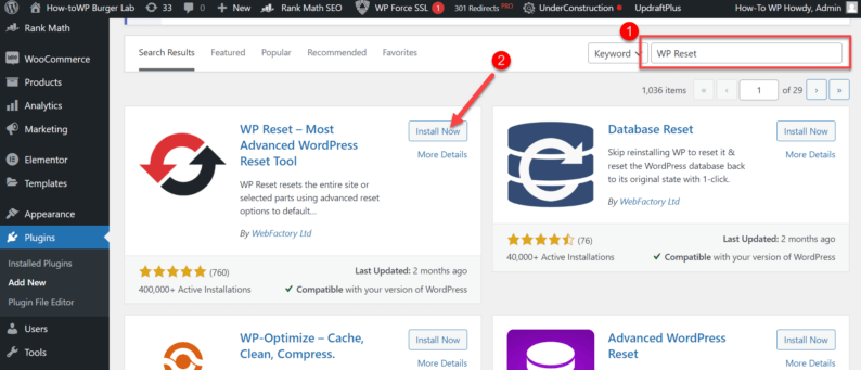 Search And Install The &Quot;Wp Reset&Quot; Plugin