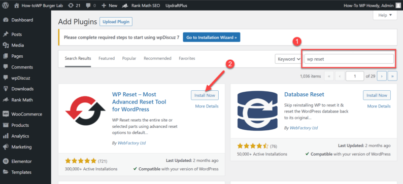 Search And Install The &Quot;Wp Reset&Quot; Plugin.
