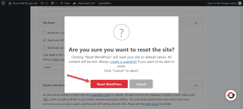 Click On The &Quot;Reset WordPress&Quot; Button.