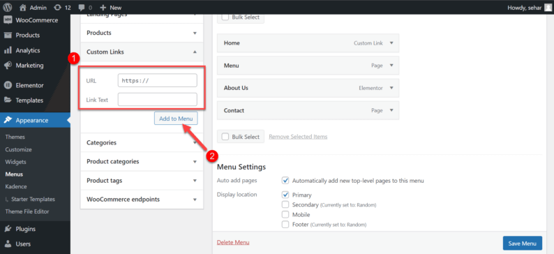 Add The Url, Text, And Click On Add To Menu