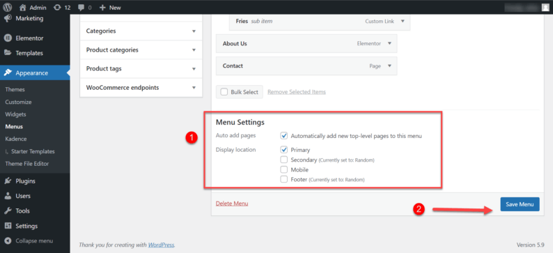 Check The Menu Options And Click Save Menu Button