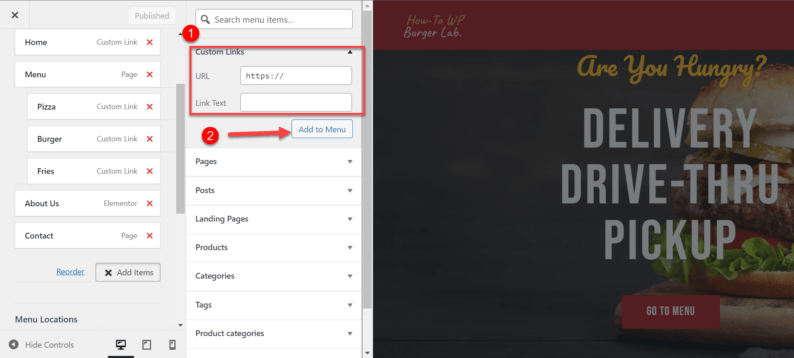 Add Link, Text, And Click The Add To Menu Button
