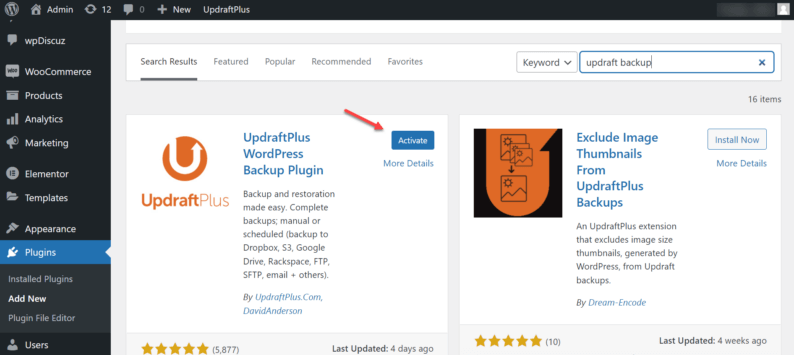 Activate The Updraft Backup Plugin.