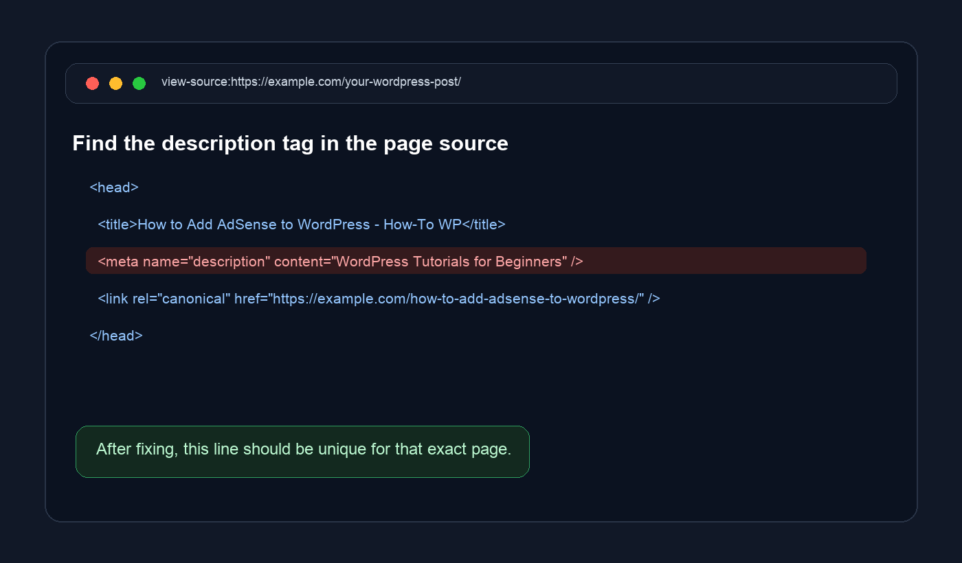 Screenshot showing the meta description tag in WordPress page source