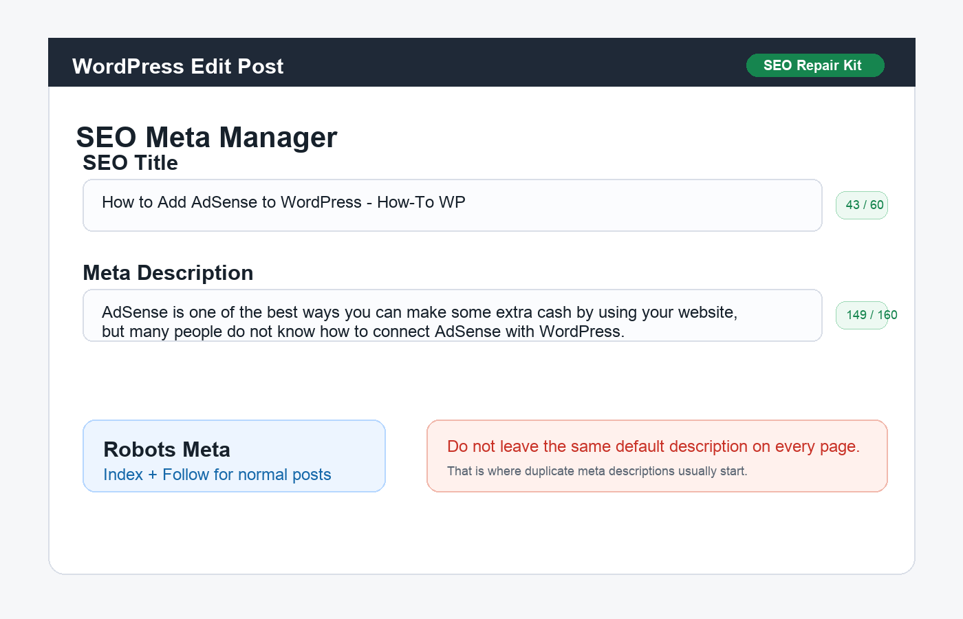 Screenshot-style image of SEO Repair Kit fields for writing unique WordPress meta descriptions