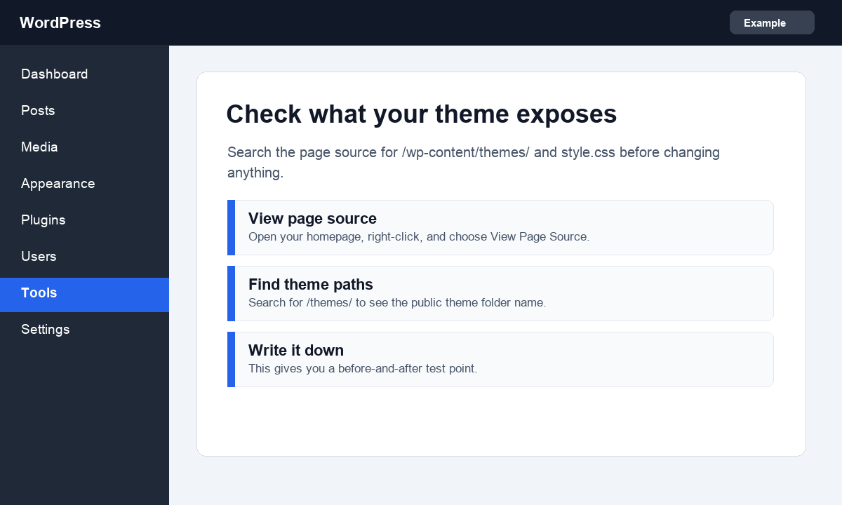 Screenshot showing how to check WordPress theme details in page source