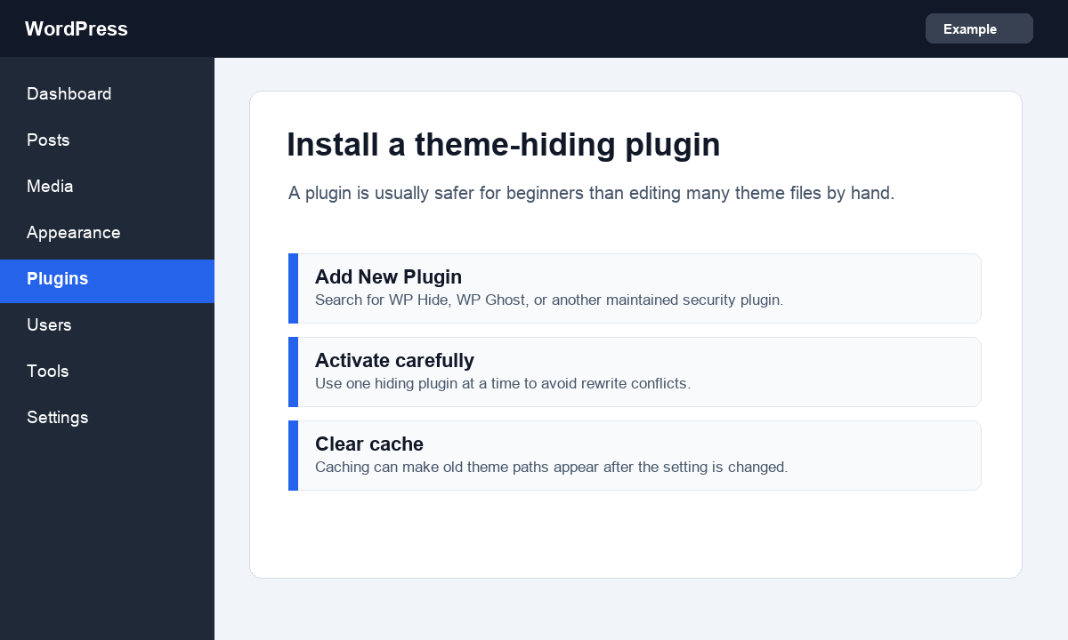 Screenshot showing where to install a WordPress theme hiding plugin