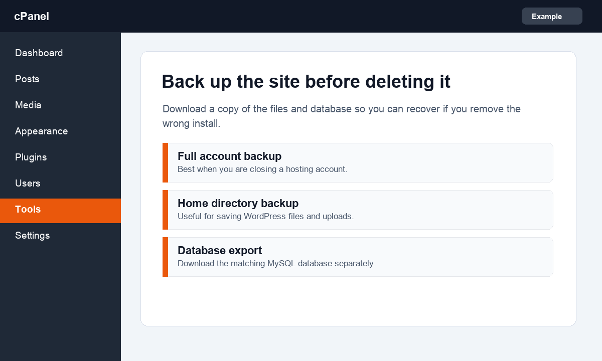 Screenshot showing cPanel backup options before deleting WordPress