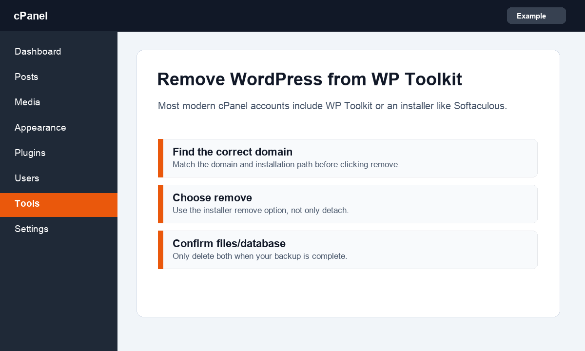 Screenshot showing WordPress Toolkit removal in cPanel