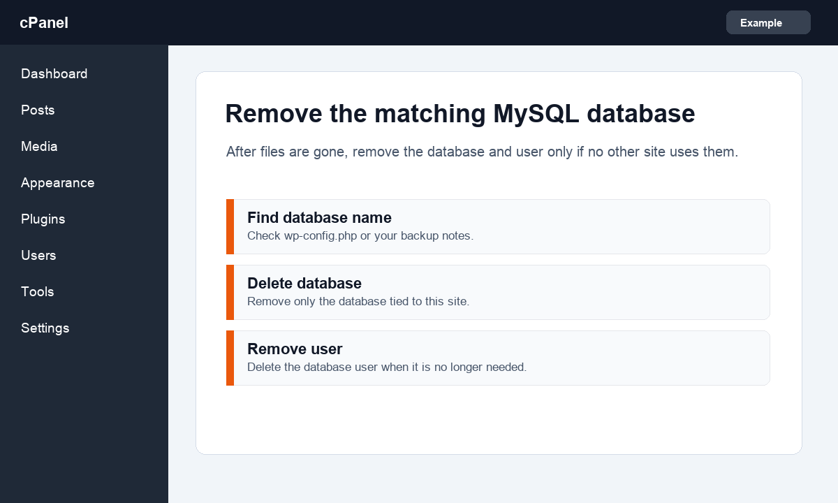Screenshot showing cPanel MySQL database cleanup for WordPress