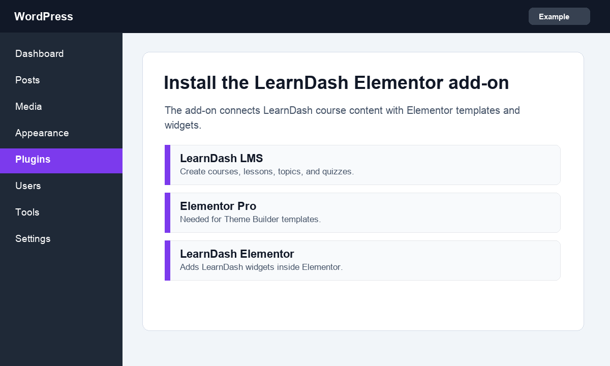 Screenshot showing LearnDash Elementor add-on setup