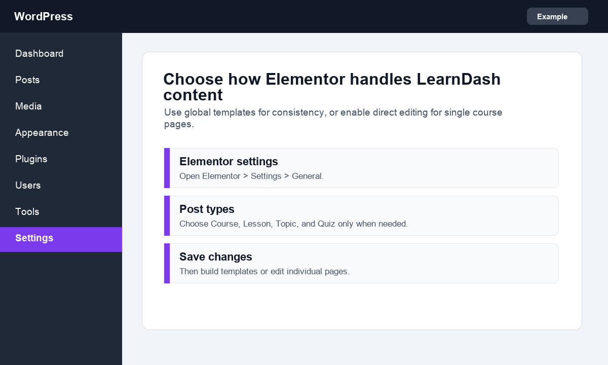 Screenshot showing corrected Elementor settings for LearnDash course post types