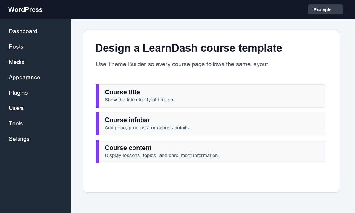 Screenshot showing Elementor Theme Builder for a LearnDash course template