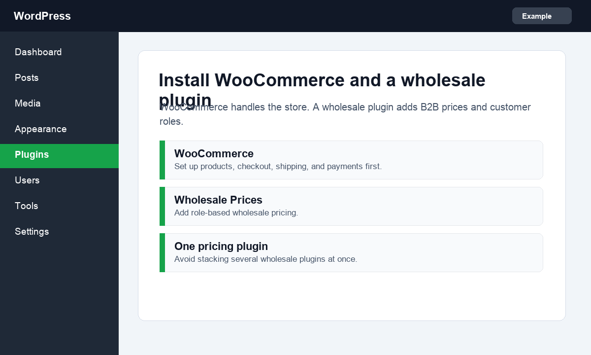 Screenshot showing WooCommerce and wholesale pricing plugin setup